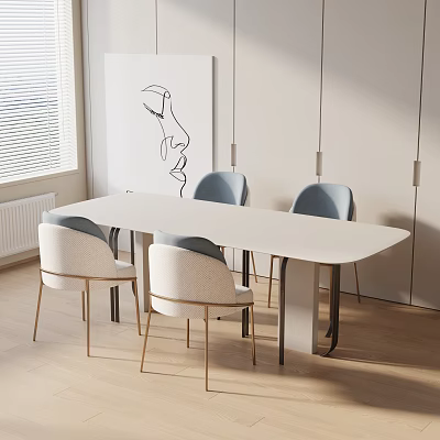 Modern White Dining Table Set with Four Light Colored Chairs Golden Legs Abstract Wall Art 3d model