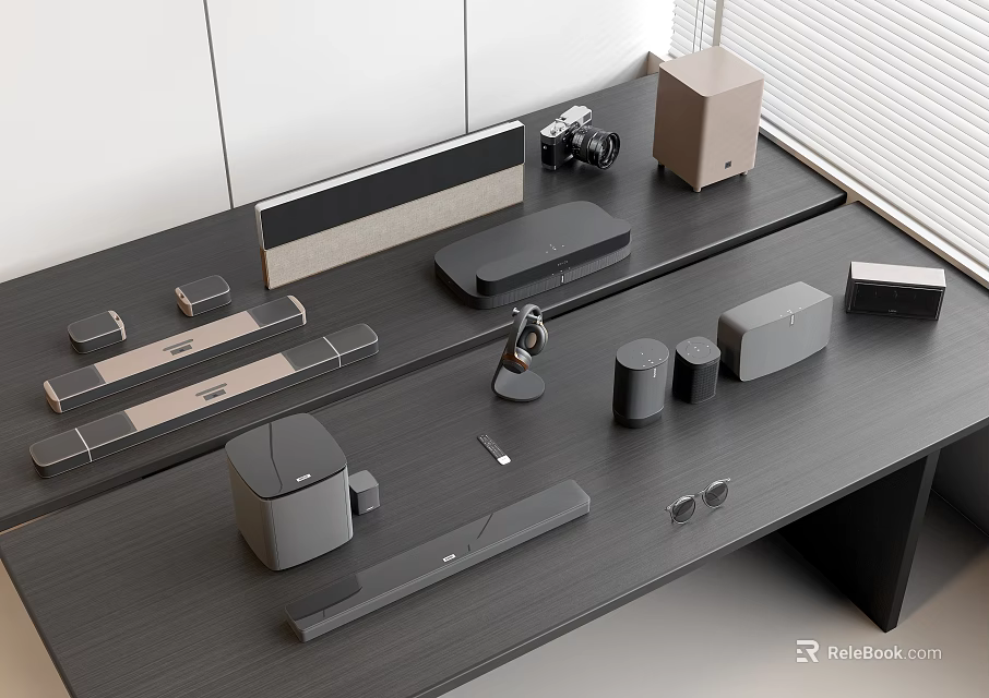 Various Headphones and Speakers Including Soundbar and Microphone on Desk Setup 3d model 