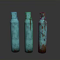 Three Blue Rusty Industrial Gas Cylinders Standing On Gray Studio Background