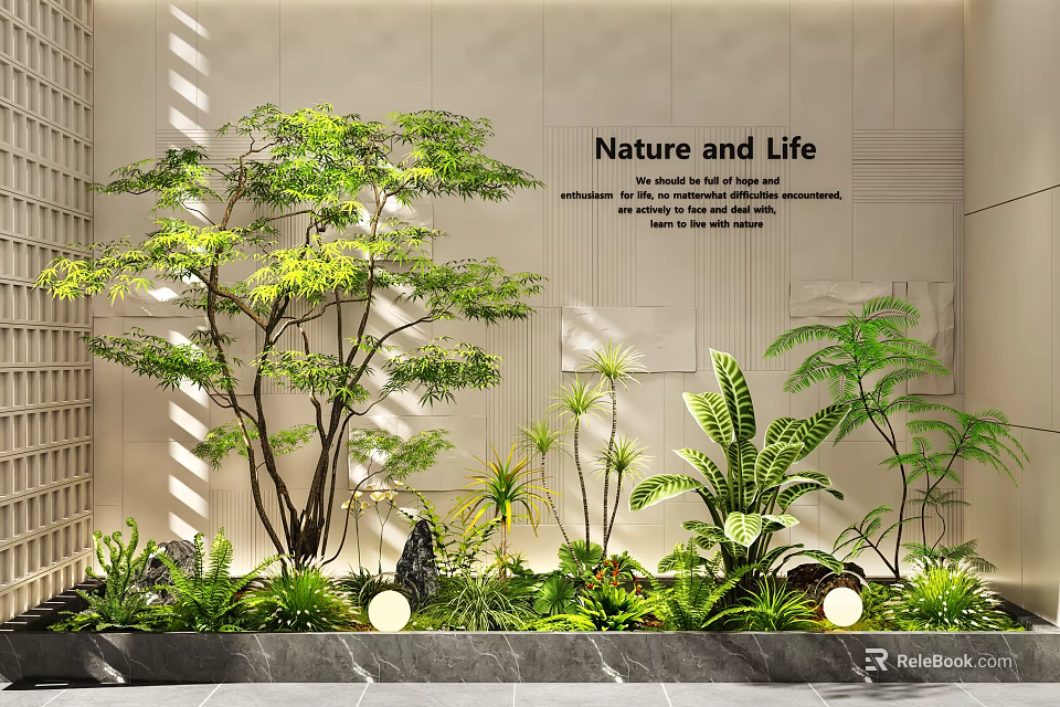 Indoor Landscape Design With Lush Green Plants Nature and Life Wall And Sunlight Shadows 3d model 