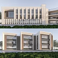 Modern School Building Exterior Design With Geometric Windows And Front Greenery
