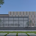 Modern Office Building Exterior Design With Glass Facade And Striped Pattern With Trees And Cars