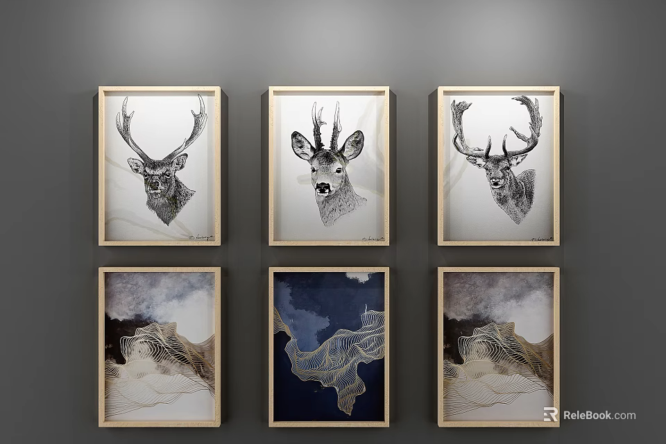 Artistic Framed Animal Paintings Featuring Deer and Tiger Head Artwork 3d model 
