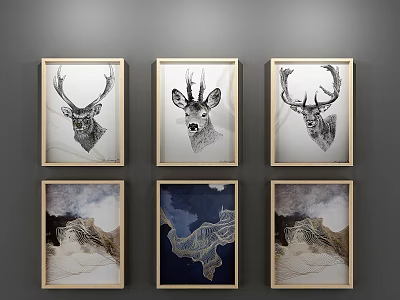 Artistic Framed Animal Paintings Featuring Deer and Tiger Head Artwork 3d model
