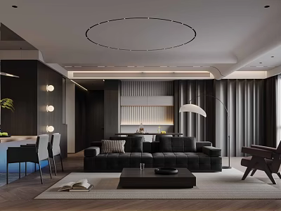 Modern Living Dining Room Interior Design With Black Sofa Coffee Table And Floor Lamp 3d model