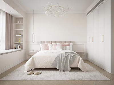 Modern Bedroom Interior With Pink Pillows Gray Blanket Crystal Chandelier White Wardrobes And Gold Handles 3d model