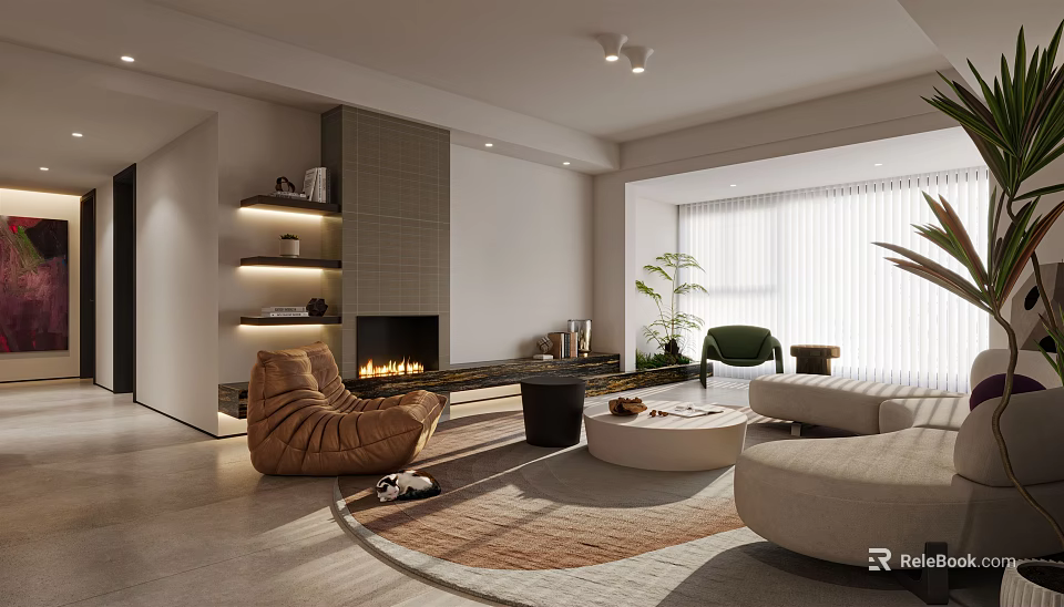 Modern Living Room Interior Design With Cozy Sofa Leather Chair Fireplace And Area Rug 3d model 