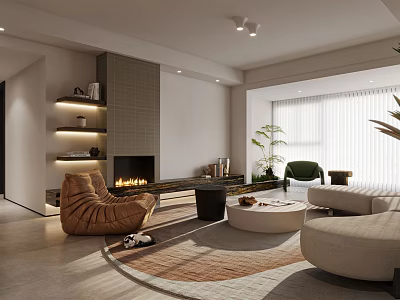 Modern Living Room Interior Design With Cozy Sofa Leather Chair Fireplace And Area Rug 3d model