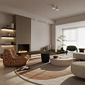 Modern Living Room Interior Design With Cozy Sofa Leather Chair Fireplace And Area Rug