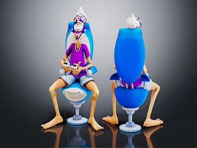Cartoon Characters Sitting On Blue Purple Toilet Chairs With Hats And Controllers 3d model
