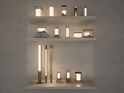 Modern Outdoor Lights Display On Shelves With Various Shapes And Designs 3d model