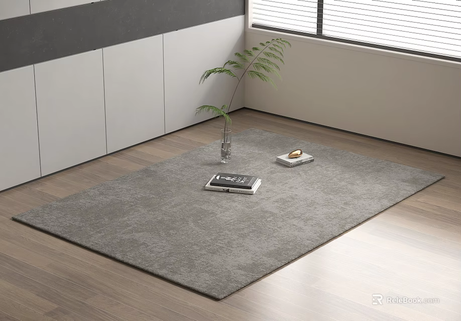 Square Gray Rug in Modern Living Room Interior with Wooden Floor Plant Books and Tray 3d model 