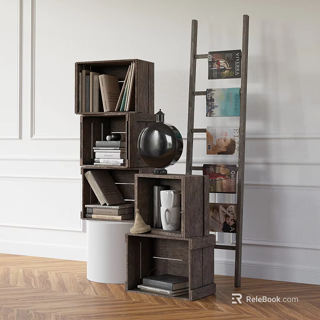 Stylish Wooden Cube Storage Shelf With Books Globe And Ladder Magazine Shelf For Home 3d model 