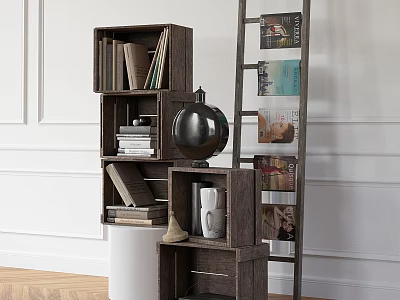 Stylish Wooden Cube Storage Shelf With Books Globe And Ladder Magazine Shelf For Home 3d model