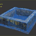Old Square Concrete Structure With Yellow Blue Peeling Paint Worn Debris Inside And Base Tray 3d model