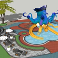 Octopus Themed Children's Play Structure With Pirate Hat And Yellow Slides In Water Playground
