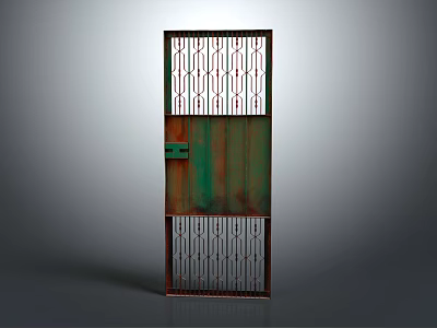 Rustic Green Metal Door With Geometric Grille Design And Decorative Panels 3d model