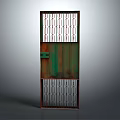 Rustic Green Metal Door With Geometric Grille Design And Decorative Panels