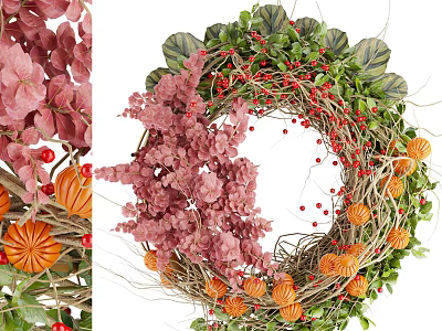 Decorative Wreath With Pink Flowers Green Leaves Red Berries And Orange Pumpkins 3d model