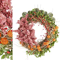 Decorative Wreath With Pink Flowers Green Leaves Red Berries And Orange Pumpkins