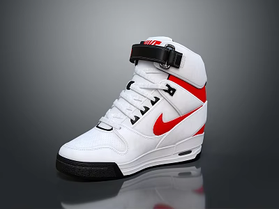 White High Top Sneakers with Red Accents Black Strap Laces and Black Sole Design 3d model