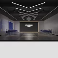 School Auditorium With Star Road Backdrop Blue Chairs And Ceiling Lights
