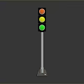 Modern Traffic Light With Three Signal Lamps On Metal Pole And Concrete Base