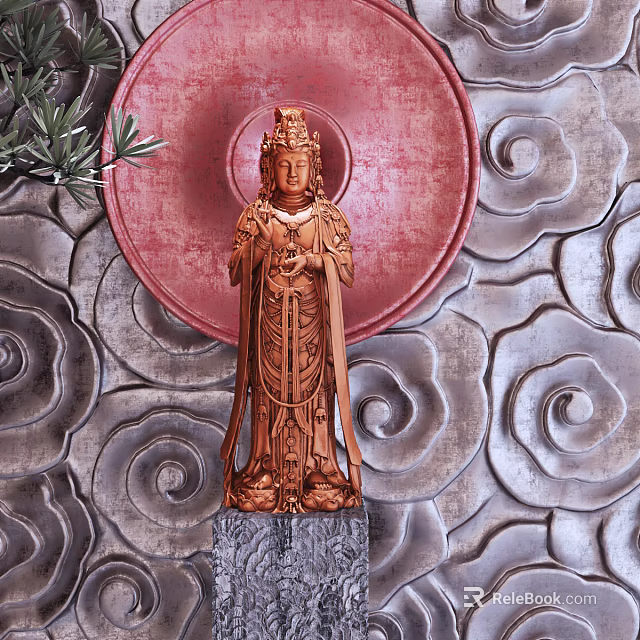 Intricate Wooden Buddha Sculpture With Red Circular Background And Cloud Patterns 3d model 