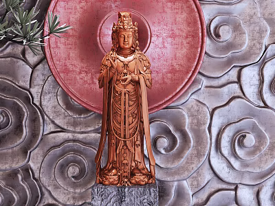 Intricate Wooden Buddha Sculpture With Red Circular Background And Cloud Patterns 3d model