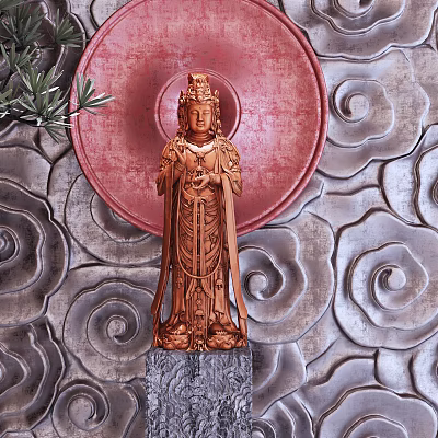 Intricate Wooden Buddha Sculpture With Red Circular Background And Cloud Patterns 3d model