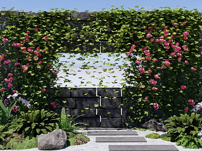 Garden Landscape With Vines Covered Arch Red Flowers Stone Wall And Path 3d model