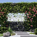 Garden Landscape With Vines Covered Arch Red Flowers Stone Wall And Path