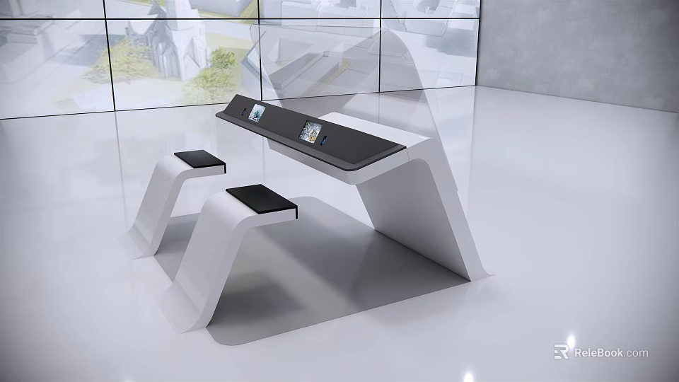 Modern Public Facility Interactive Table With Digital Screens And Sleek White Black Design 3d model 