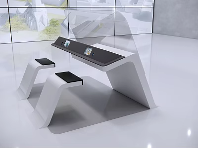 Modern Public Facility Interactive Table With Digital Screens And Sleek White Black Design 3d model