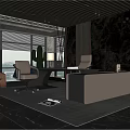 Modern Office Interior Design With Large Windows Stone Wall Desk And Office Chairs 3d model