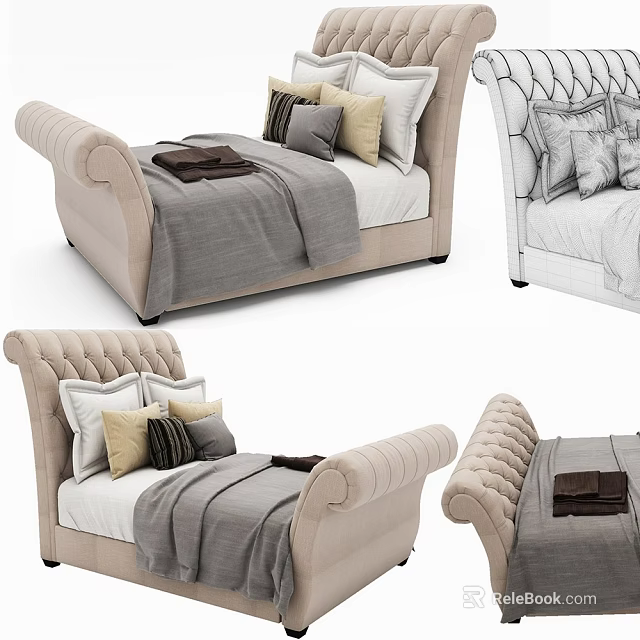 Elegant Double Bed With Upholstered Headboard Pillows And Blanket Interior Design 3d model