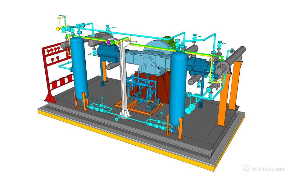 Industrial Equipment 3D Model Featuring Blue Cylindrical Structures Piping Systems And Support Frames 3d model 