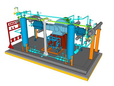Industrial Equipment 3D Model Featuring Blue Cylindrical Structures Piping Systems And Support Frames 3d model