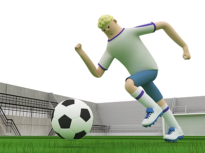 Dynamic Cartoon Football Player Kicking Ball on Stadium Grass Field 3d model