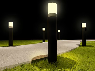 Outdoor Pillar Lights Illuminating Night Pathway And Lush Green Grass Area 3d model