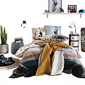 Stylish Double Bed Room With Graffiti Decor Skateboard Bedside Lamps And Pillows