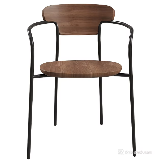 Modern Accent Leisure Chair Featuring Wooden Seat Backrest And Black Metal Frame 3d model 