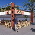 Outdoor Stall Building Facade With Red Couplets Wooden Structure And Food Banner