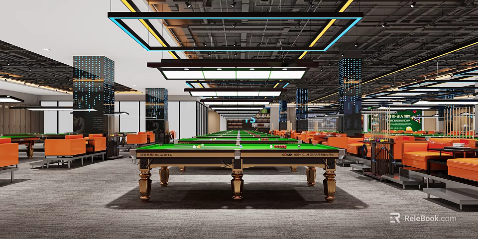 Modern Billiard Room Interior With Pool Tables Orange Sofas And Lighting 3d model 