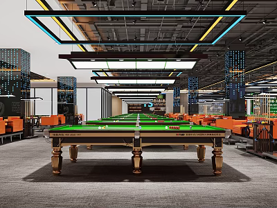 Modern Billiard Room Interior With Pool Tables Orange Sofas And Lighting 3d model