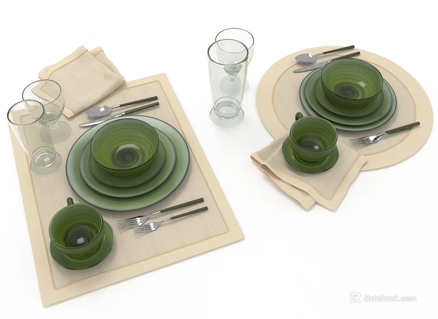 Green Dinnerware Set With Plates Bowls Cups Glasses And Utensils On Beige Placemats 3d model 