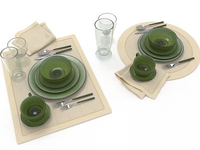 Green Dinnerware Set With Plates Bowls Cups Glasses And Utensils On Beige Placemats 3d model