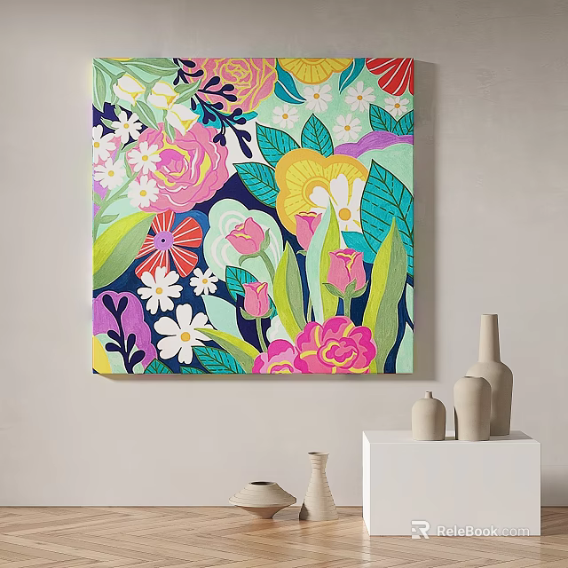 Colorful Abstract Painting With Vibrant Floral Elements And Botanical Design On Decorative Canvas 3d model 