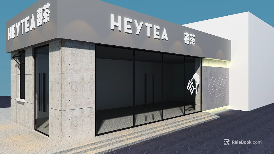 HEYTEA Modern Milk Tea Shop With Glass Facade And Concrete Walls 3d model 