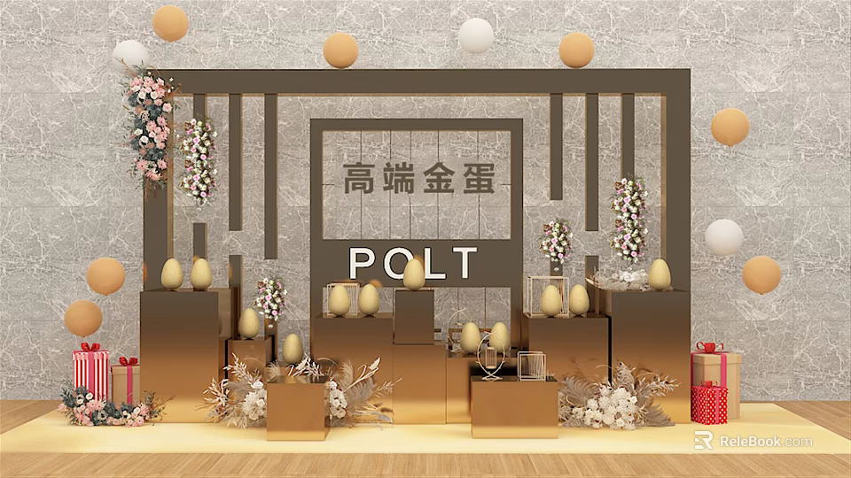 Luxury Golden Eggs Display With Balloons Flower Arrangements Gift Boxes And POLT Sign 3d model 